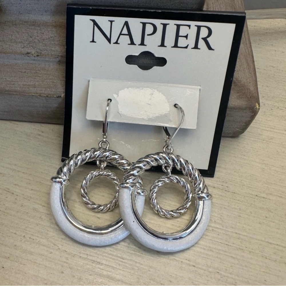 Napier Silver Tone White Leather Wrapped Orbital Drop Earrings ~ NWT - Picture 5 of 8